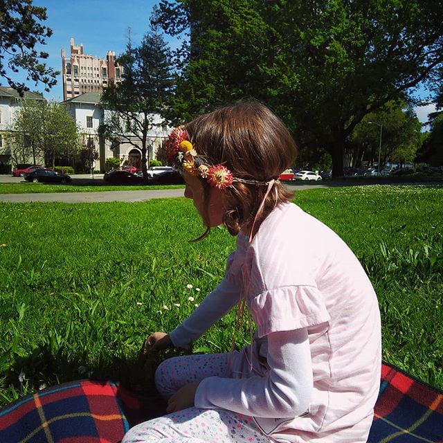 with flowers in her hair